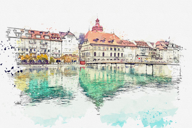 瑞士著名的卢塞恩镇水彩美景。图片下载