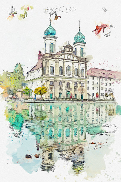 瑞士著名的卢塞恩镇水彩美景。图片下载