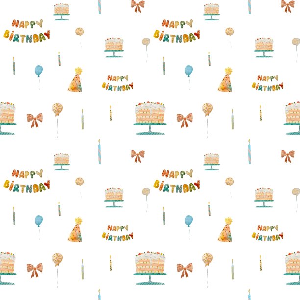 派对帽子蜡烛生日蝴蝶结图案水彩图片下载