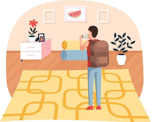 室内设计的概念。男子拍摄房间站在滚动的地毯在家里在卧室图片下载