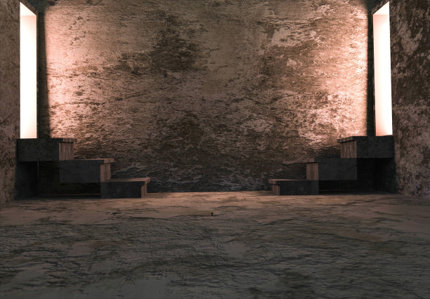 肮脏破旧的地下室内部背景与灯内的走廊与楼梯。图片下载