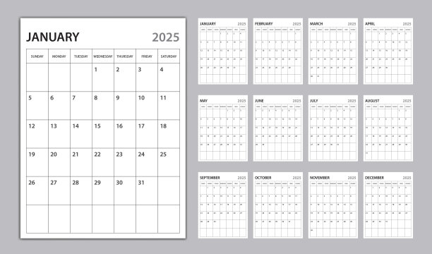 2025年的月历模板，计划2025年模板，周日开始，2025年的挂历，计划最小设计，12个月的套装，组织者文具，垂直日历矢量图片下载