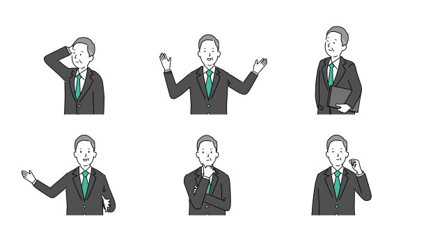 亚洲高级商人的各种姿态，商业场景，矢量插图图片下载