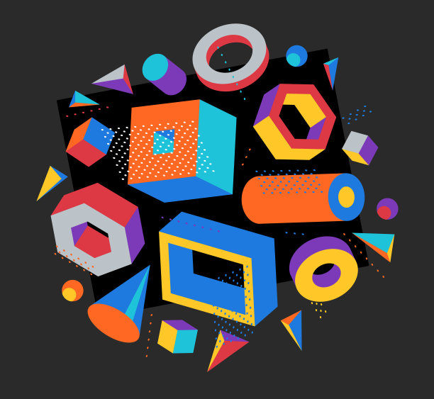彩色3D形状矢量组成在黑暗的背景，明亮的正面维度设计元素，盒子和圆柱体等形状简单时尚的插图。图片下载
