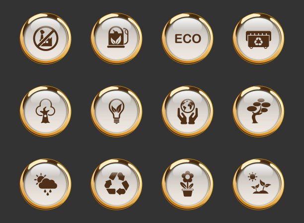 生态金色镶边矢量图标在黑暗的背景。生态图标在黄金框架的网页，移动和UI设计图片下载