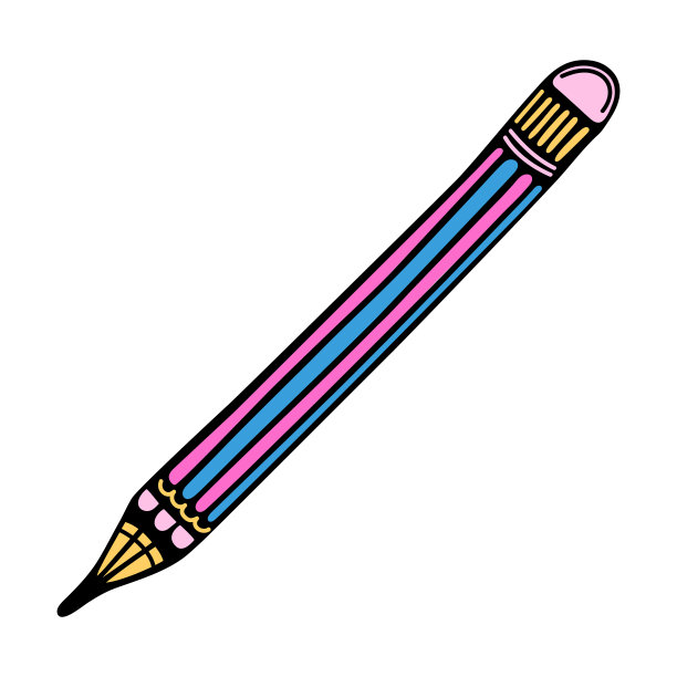 削尖铅笔矢量图标。手绘简单的彩色涂鸦。带橡皮擦的木质条纹钢笔。学习用品，写作文具。办公室的草图。平面卡通剪纸孤立在白色上图片下载
