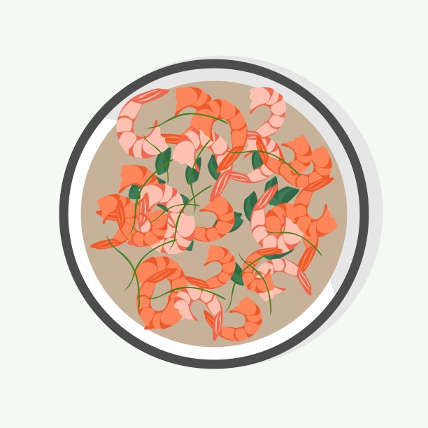 中国菜。盘子上的虾和绿色矢量插图。图片下载