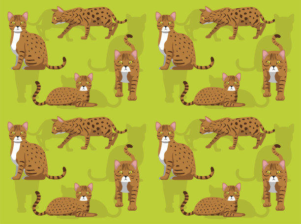 猫孟加拉姿势可爱的字符无缝壁纸背景图片下载