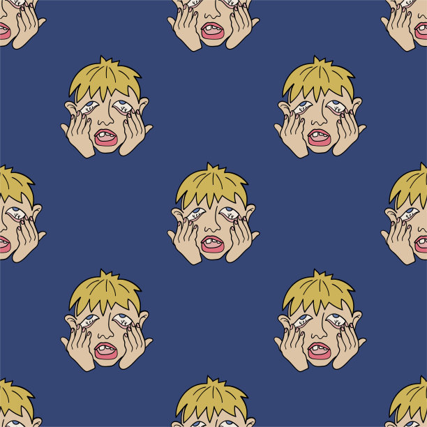 悲伤疲倦的男孩矢量无缝模式。可爱重复背景纺织品，设计，面料，封面等。图片下载