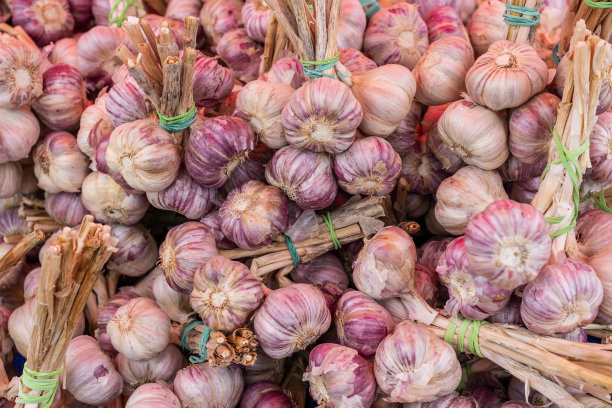 一堆蒜头。一串串的大蒜。市场上陈列着出售的蒜头图片下载