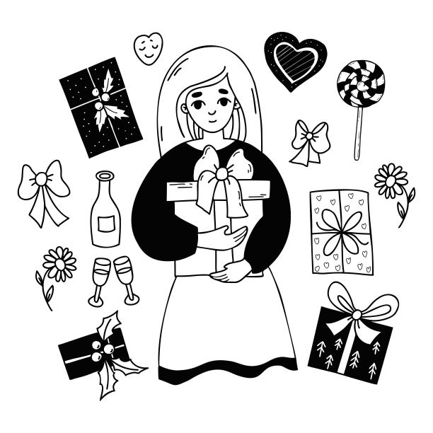 收集可爱的女孩与礼物，节日盒子，糖果，鲜花和玻璃杯与瓶子。矢量插图。孤立的绘画涂鸦。女性角色适合设计节日主题，礼品和销售，购物。图片下载