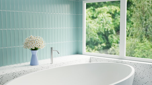 三维渲染白色浴缸与绿色瓷砖和白色水磨石图片下载