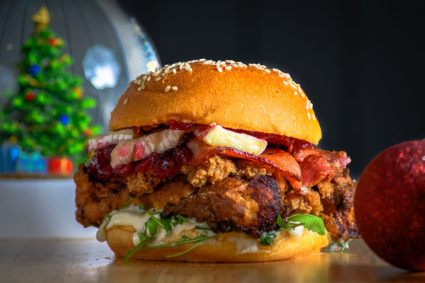 一张桌子上的鸡肉，布里干酪和蔓越莓汉堡的特写-一个圣诞汉堡的概念图片下载