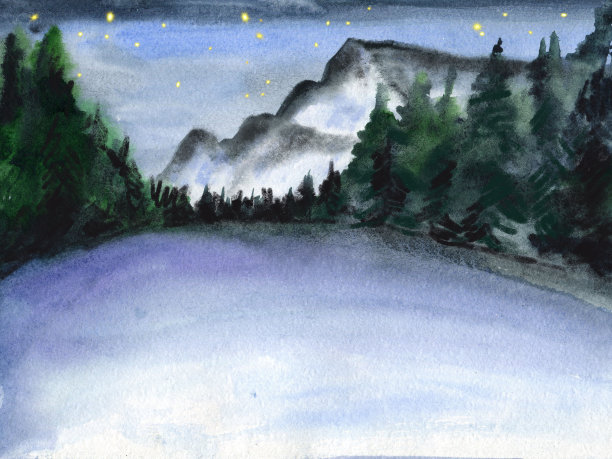 水彩景观夜晚星空与树木和山脉的背景，手绘插图，溜冰场，约塞米蒂国家公园，水彩纹理，背景。图片下载