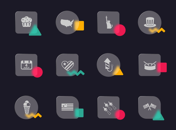 独立日玻璃形态新潮风格图标。独立日透明玻璃矢量图标与彩色几何图形。用于网页和UI设计，移动应用程序和促销商业广告图片下载