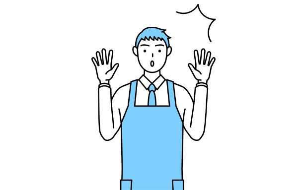 一个穿围裙的男人惊讶地举起手。图片下载
