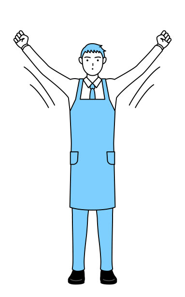 一个穿着围裙的男人在做无线电健美操，为预防事故做准备图片下载