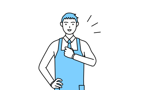 一个穿着围裙的男人轻拍着胸膛。图片下载