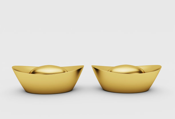 中国金锭三维插图。白色背景上的亚洲节日装饰元素。图片下载