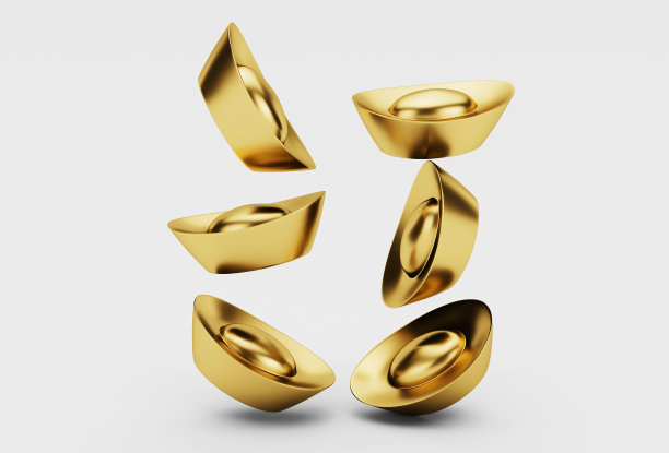 中国金锭三维插图。白色背景上的亚洲节日装饰元素。图片下载