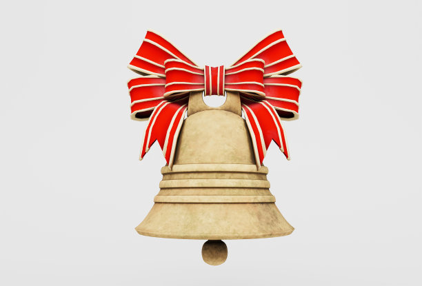 圣诞钟与红色蝴蝶结图标三维插图在白色背景。图片下载