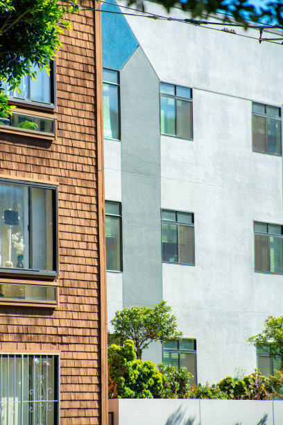 木质建筑立面，板条木瓦，可见的黑框窗户和白色灰泥建筑在正午的背景图片下载