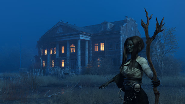 一个可怕的丑陋的女巫站在一个废弃的女巫巢穴。万圣节，恐怖故事。图片下载