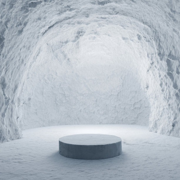 摘要三维渲染冬季场景和自然平台背景，在冰雪洞穴的雪地上进行石材平台的产品展示广告等图片下载