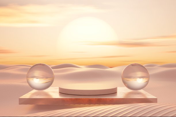 三维平台与复制空间的产品展示展示热带日落海滩抽象背景。热带夏季度假概念。图片下载