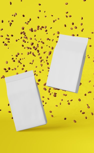 白色哑光袋咖啡豆掉落黄色3D渲染。商品折扣包装店设计促销销售。图片下载