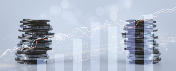 双重曝光的图形和行钱硬币为金融，投资和商业概念。图片下载