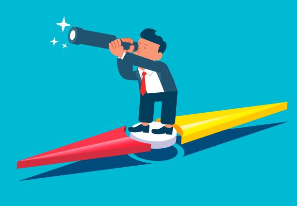 卡通商人用望远镜站在罗盘指针上寻找商机或未来，寻找或决定企业和事业发展的方向图片下载