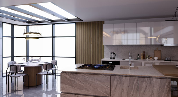 3d渲染，3d插图，室内场景和模型，厨房和餐厅室内3d渲染，现代风格，装饰木材和石材。图片下载