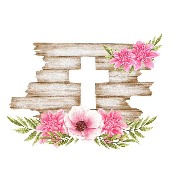粉红色花十字架。复活节插图。水彩画婚礼十字架。洗礼图片下载
