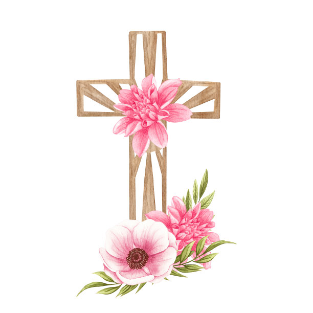 粉红色花十字架。复活节插图。水彩画婚礼十字架。洗礼图片下载
