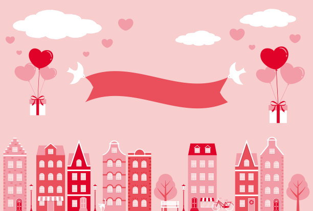 情人节矢量背景与城市景观，房屋和心形气球的横幅，卡片，传单，社交媒体壁纸等。图片下载