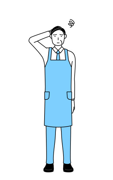 一个系着围裙的年长男人痛苦地挠着头。图片下载