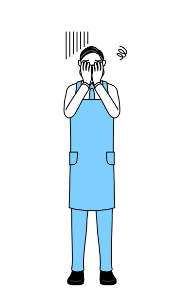 一个穿着围裙的老人沮丧地遮住了他的脸。图片下载