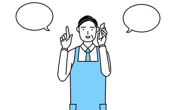 一个系着围裙的老男人一边打电话一边指指点点。图片下载