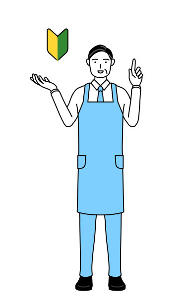 一位系着围裙的年长男子，用手指着嫩叶的符号。图片下载