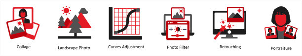 六个摄影图标在红色和黑色的拼贴画，风景，照片图片下载