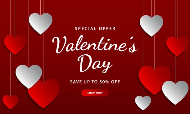 情人节大减价。销售折扣文字与挂纸心元素购物促销图片下载