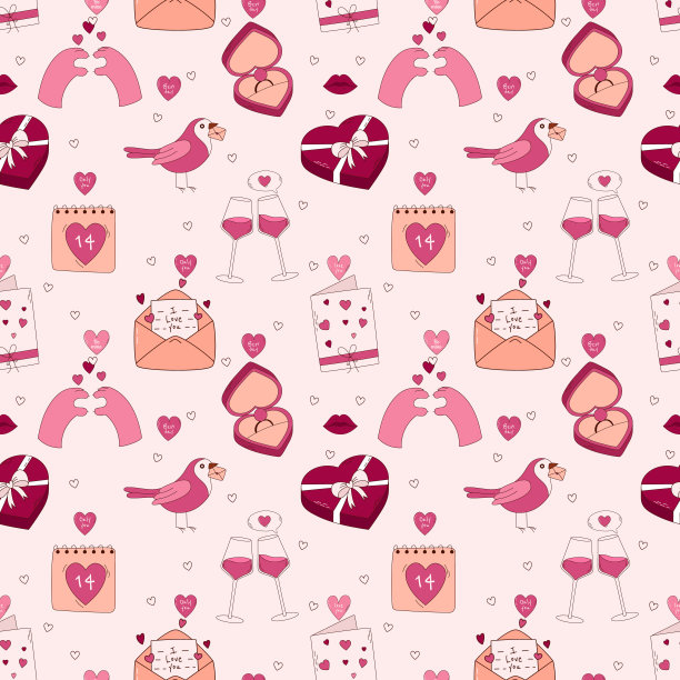 情人节手绘无缝图案。戒指盒、情书、巧克力盒、明信片、红酒、爱心等元素。图片下载