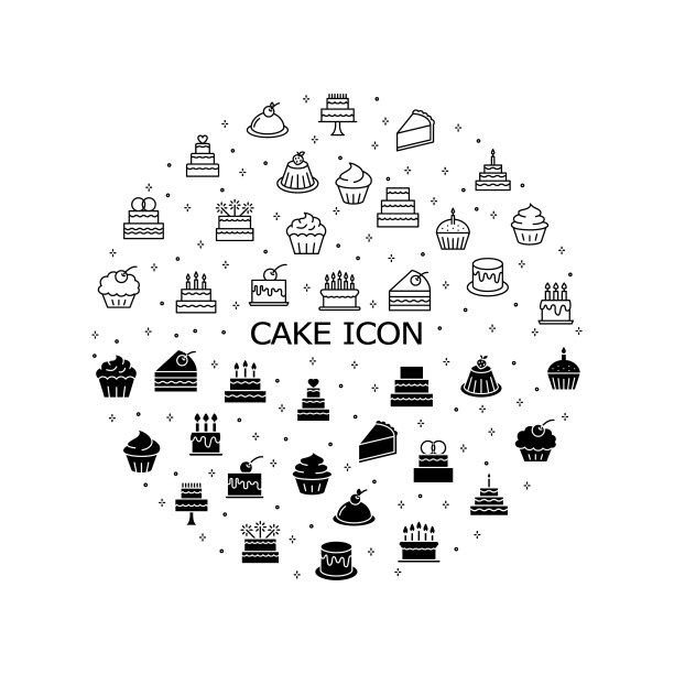 饼平线图标设置。生日烘焙、婚礼蛋糕、杯形蛋糕等甜品。简单的平面矢量插图网站或移动应用程序图片下载