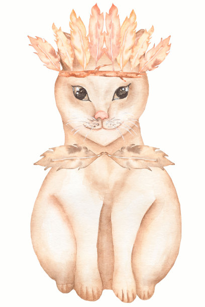 红色家猫坐着羽毛冠和羽毛领带。可爱的猫咪背景。水彩手绘插图图片下载