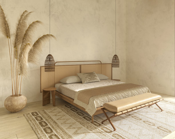 农舍室内卧室的日式风格。米色公寓，有天然木制家具和干燥的植物。墙壁模型。3d渲染插图。图片下载