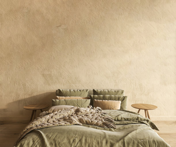 农舍室内卧室模型。床上有绿色的毯子和枝形吊灯与干花。空米黄色墙壁上的3d渲染插图乡村风格。图片下载