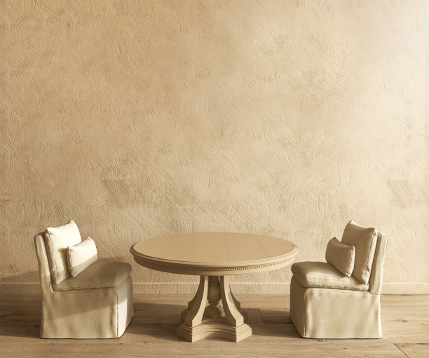 农家乐室内模型与餐桌和椅子与吊灯和干花。空白米色背景上的3d渲染插图乡村风格。图片下载