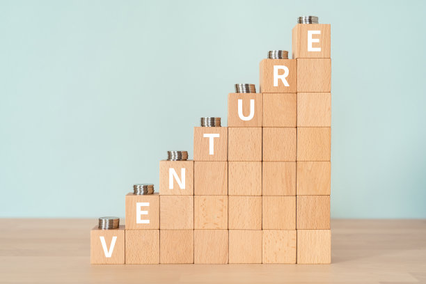 带有“VENTURE”概念文本和硬币的木块。图片下载