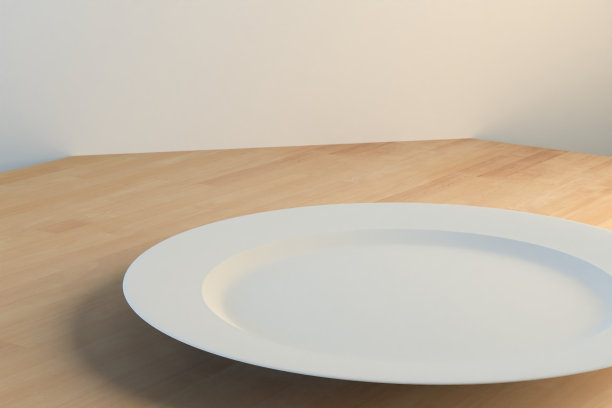 木桌上空盘子的3d渲染图片下载
